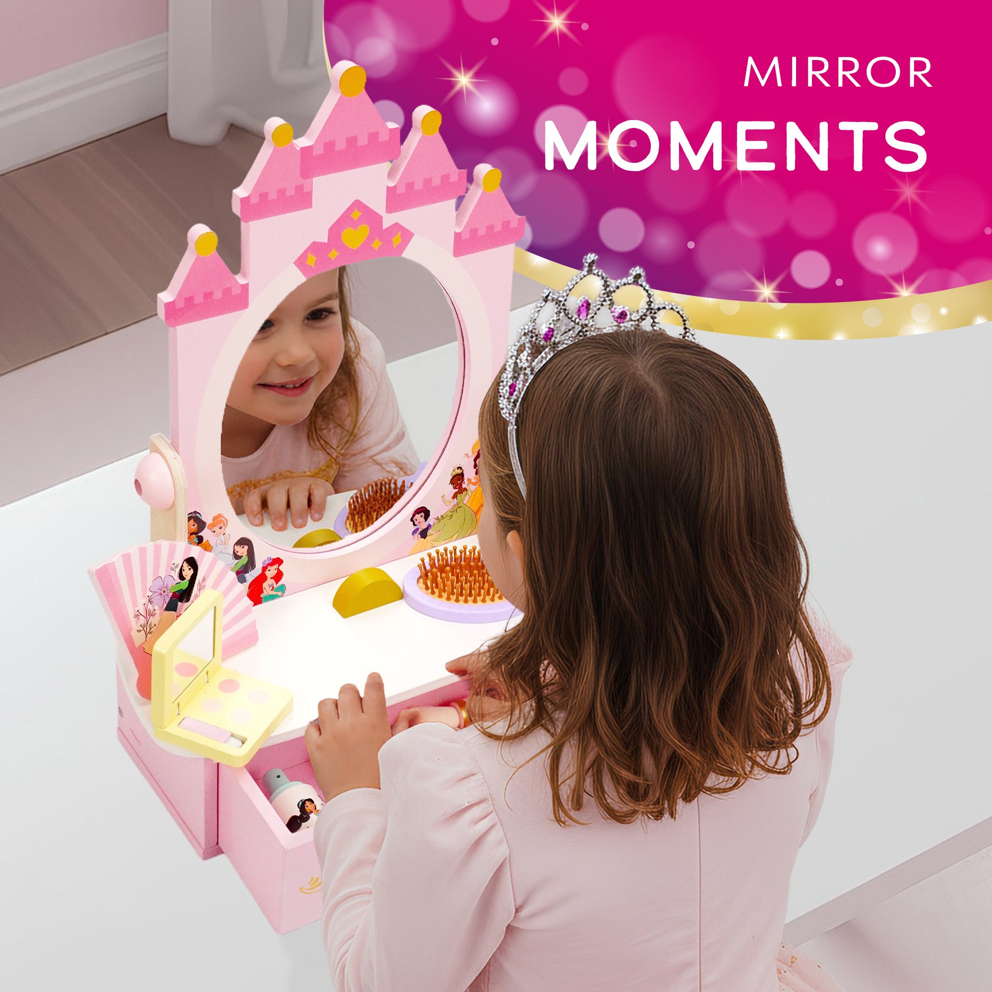 Disney Princess Tabletop Vanity - 12 Piece Wooden Pretend Play Makeup Set