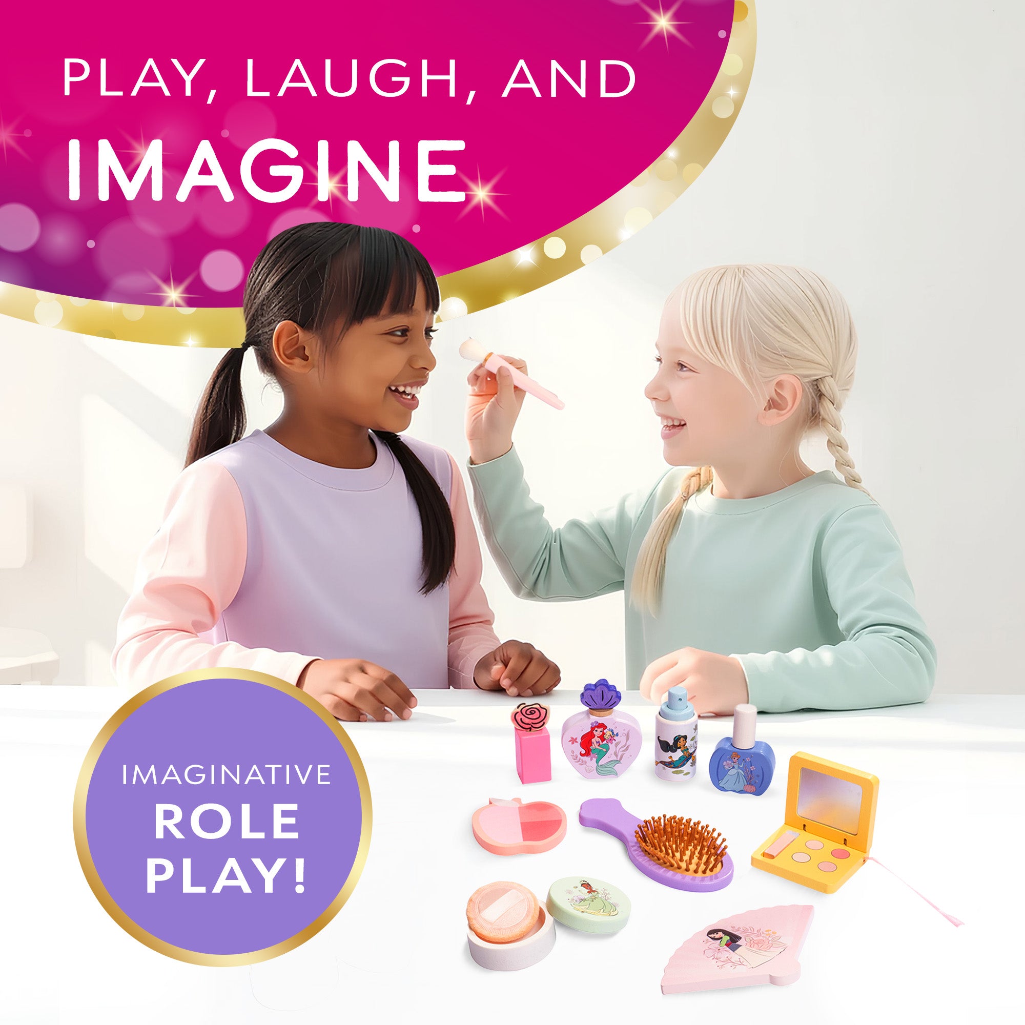 Disney Princess Tabletop Vanity - 12 Piece Wooden Pretend Play Makeup Set