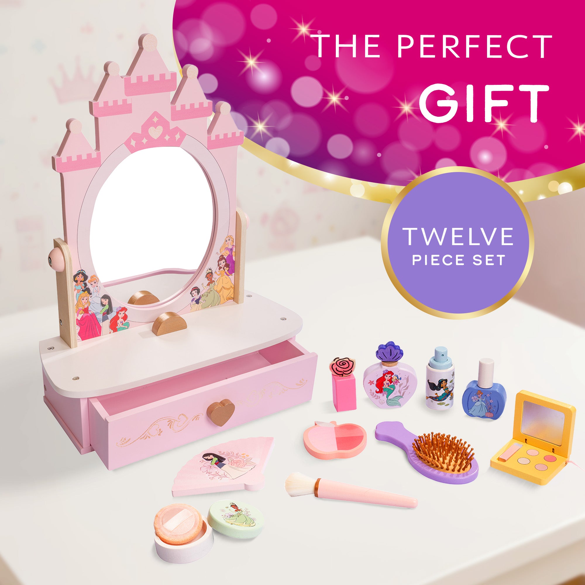 Disney Princess Tabletop Vanity - 12 Piece Wooden Pretend Play Makeup Set