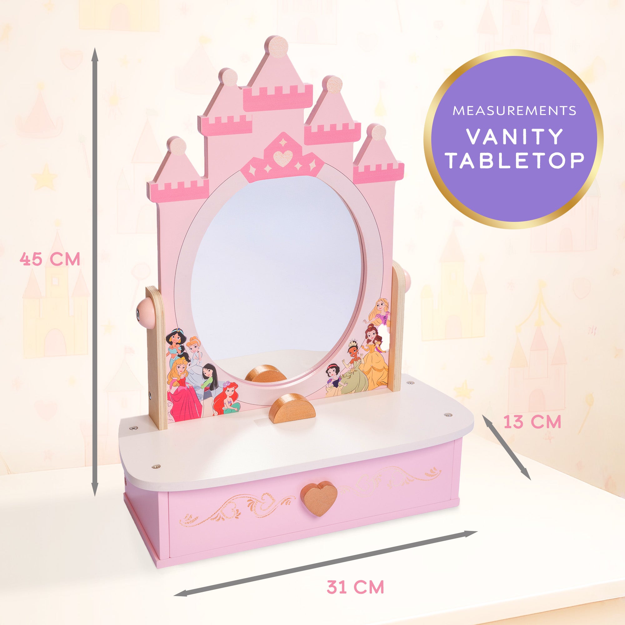 Disney Princess Tabletop Vanity - 12 Piece Wooden Pretend Play Makeup Set