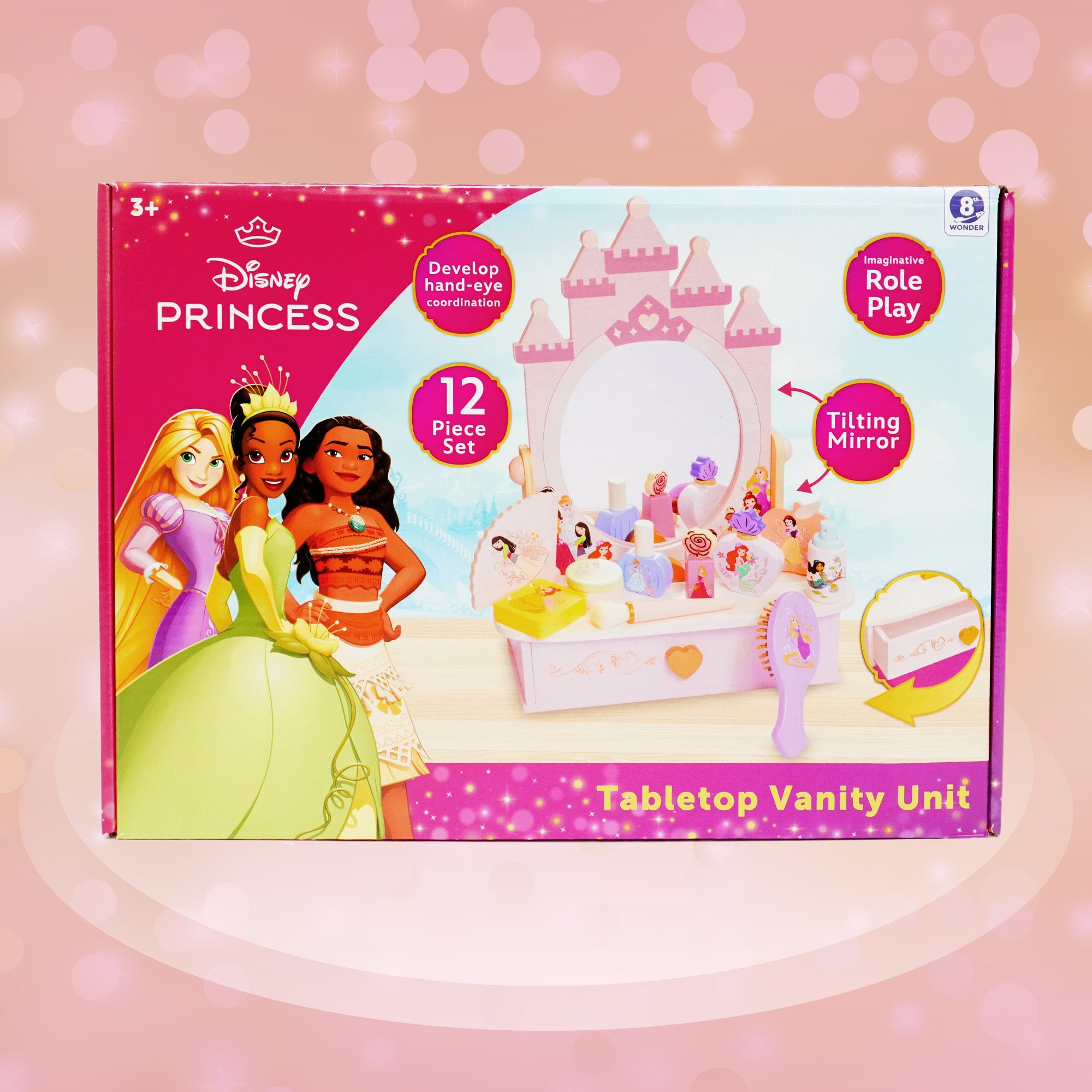 Disney Princess Tabletop Vanity - 12 Piece Wooden Pretend Play Makeup Set
