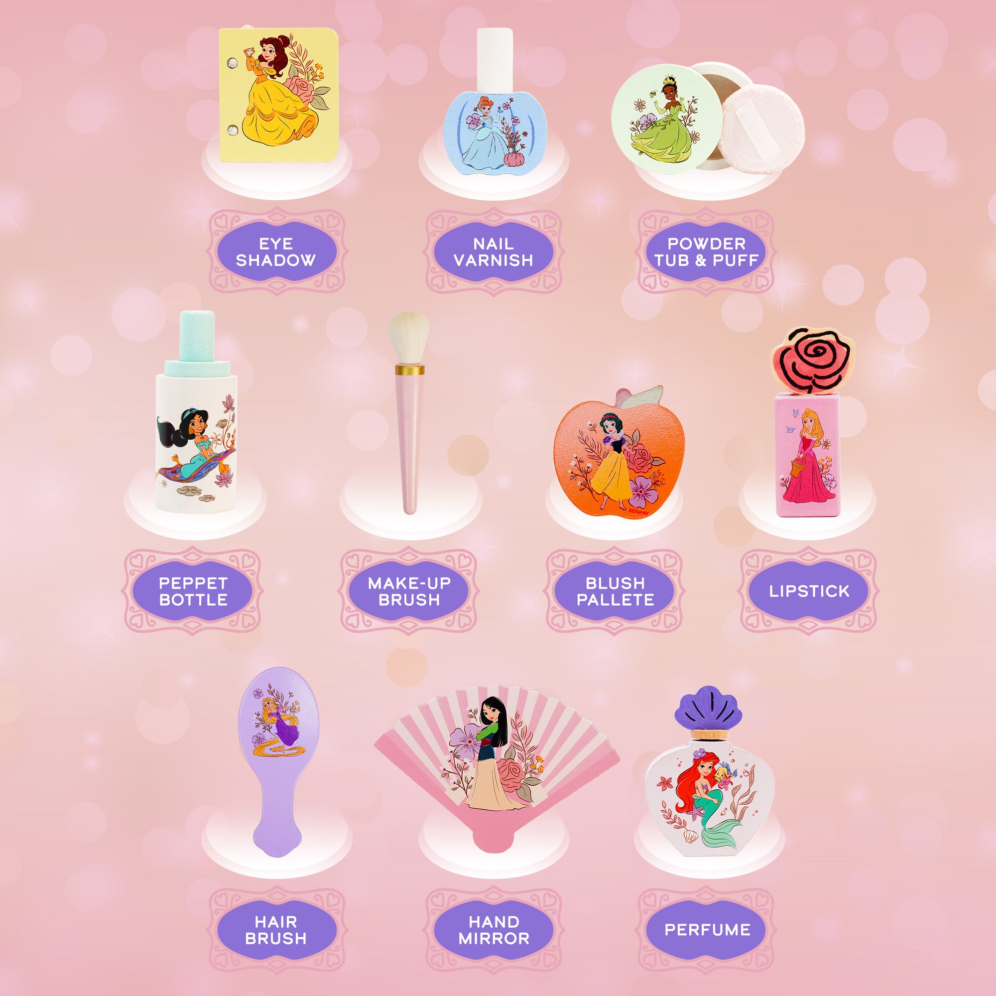 Disney Princess Tabletop Vanity - 12 Piece Wooden Pretend Play Makeup Set