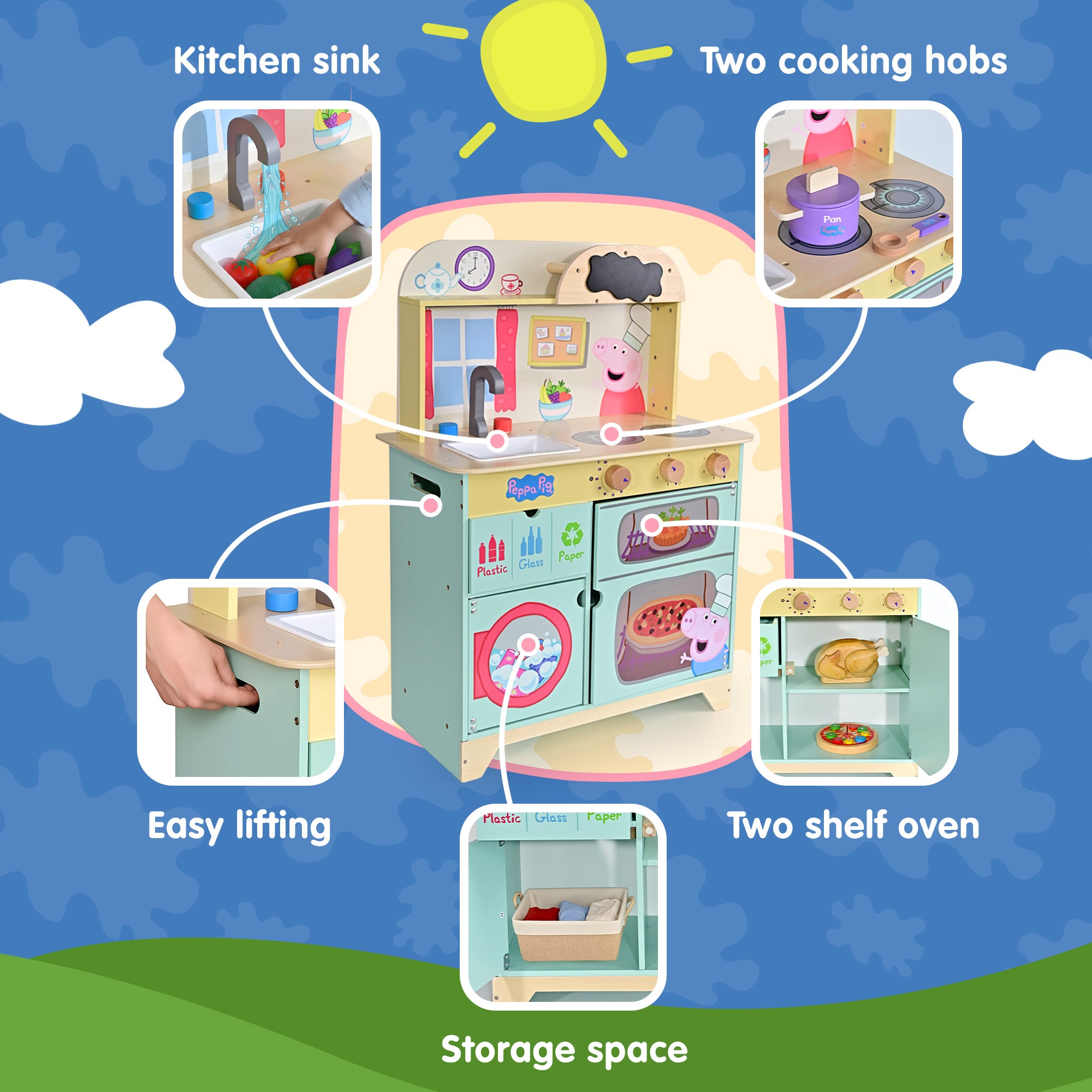 Peppa Pig Wooden Play Kitchen - Floor Standing Toy Pretend Play Kitchen Set