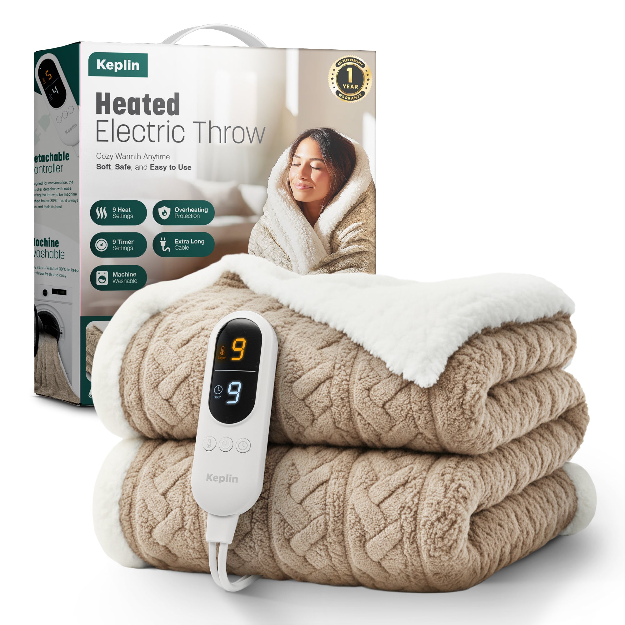 Electric Heated Throw Blanket - Machine Washable Fleece Wool Duvet, 9 Heat Settings & Timer