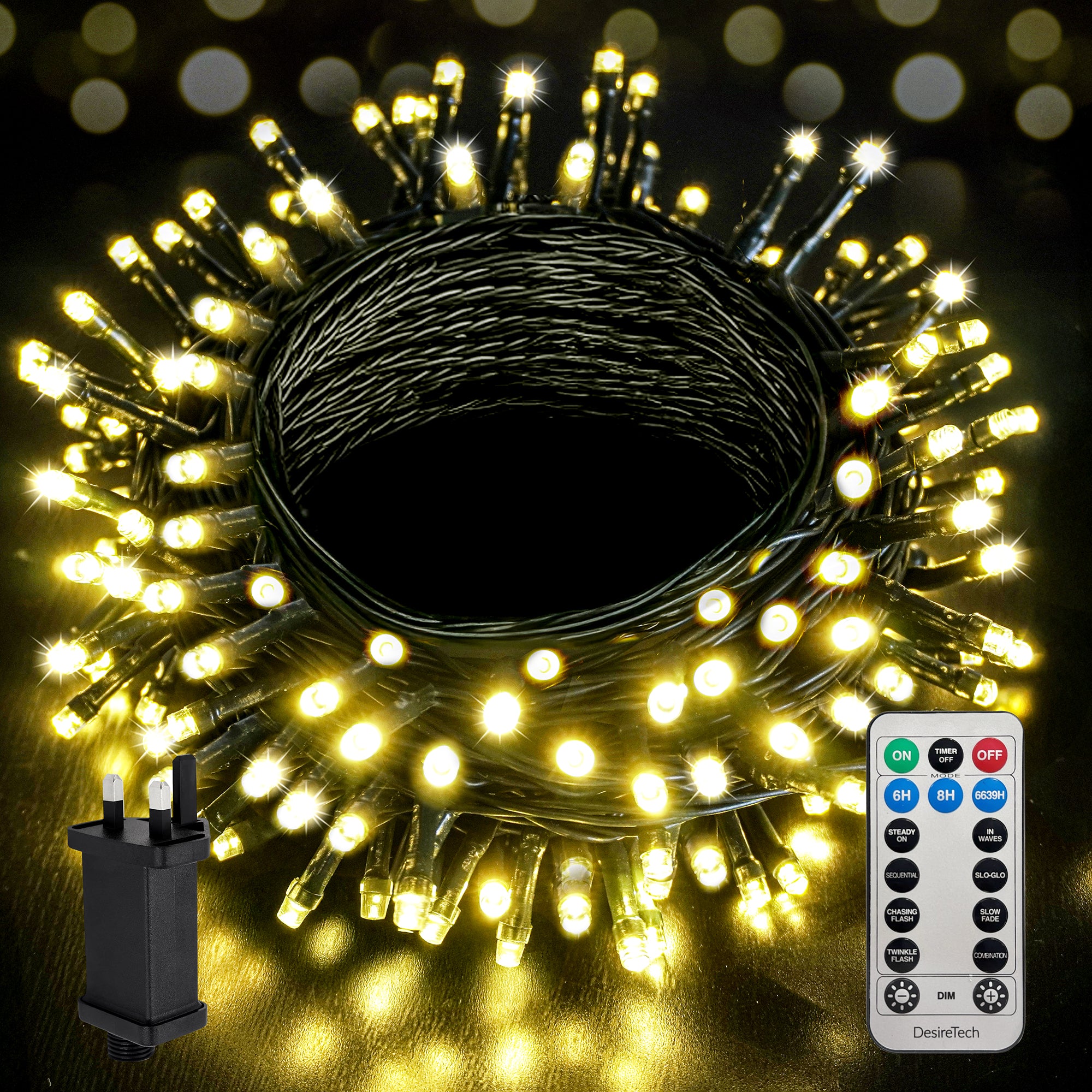 Desiretech Outdoor & Garden Lights, LED Outdoor Waterproof Plug-in String Lights, Remote Control, 8 Modes, Timer, Dimmable Cool/Warm Lights