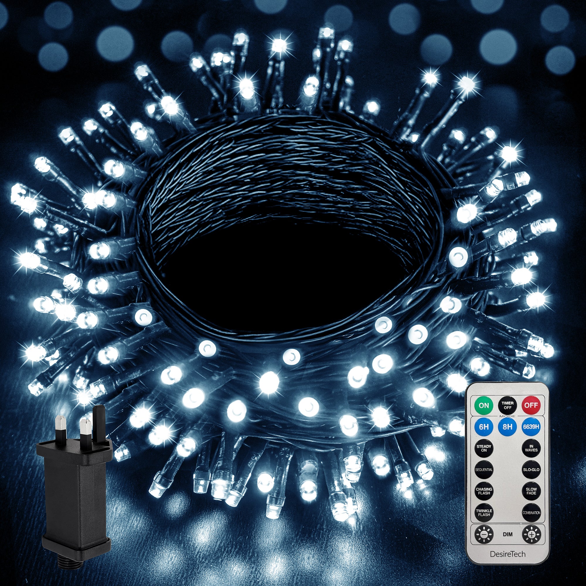 Desiretech Outdoor & Garden Lights, LED Outdoor Waterproof Plug-in String Lights, Remote Control, 8 Modes, Timer, Dimmable Cool/Warm Lights