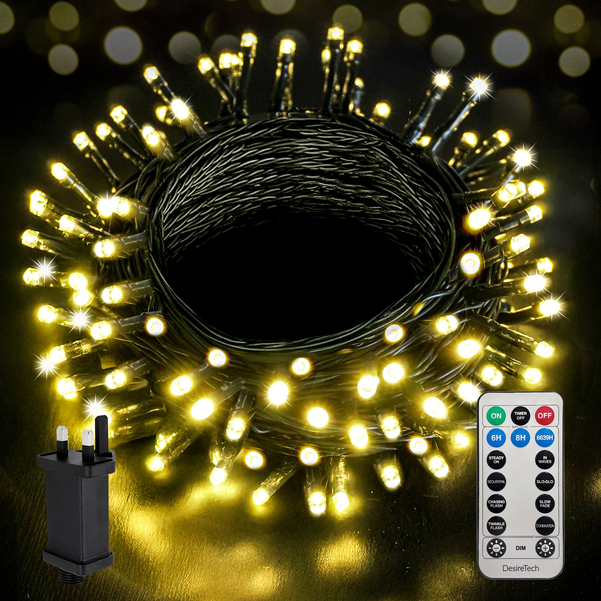 Desiretech Outdoor & Garden Lights, LED Outdoor Waterproof Plug-in String Lights, Remote Control, 8 Modes, Timer, Dimmable Cool/Warm Lights