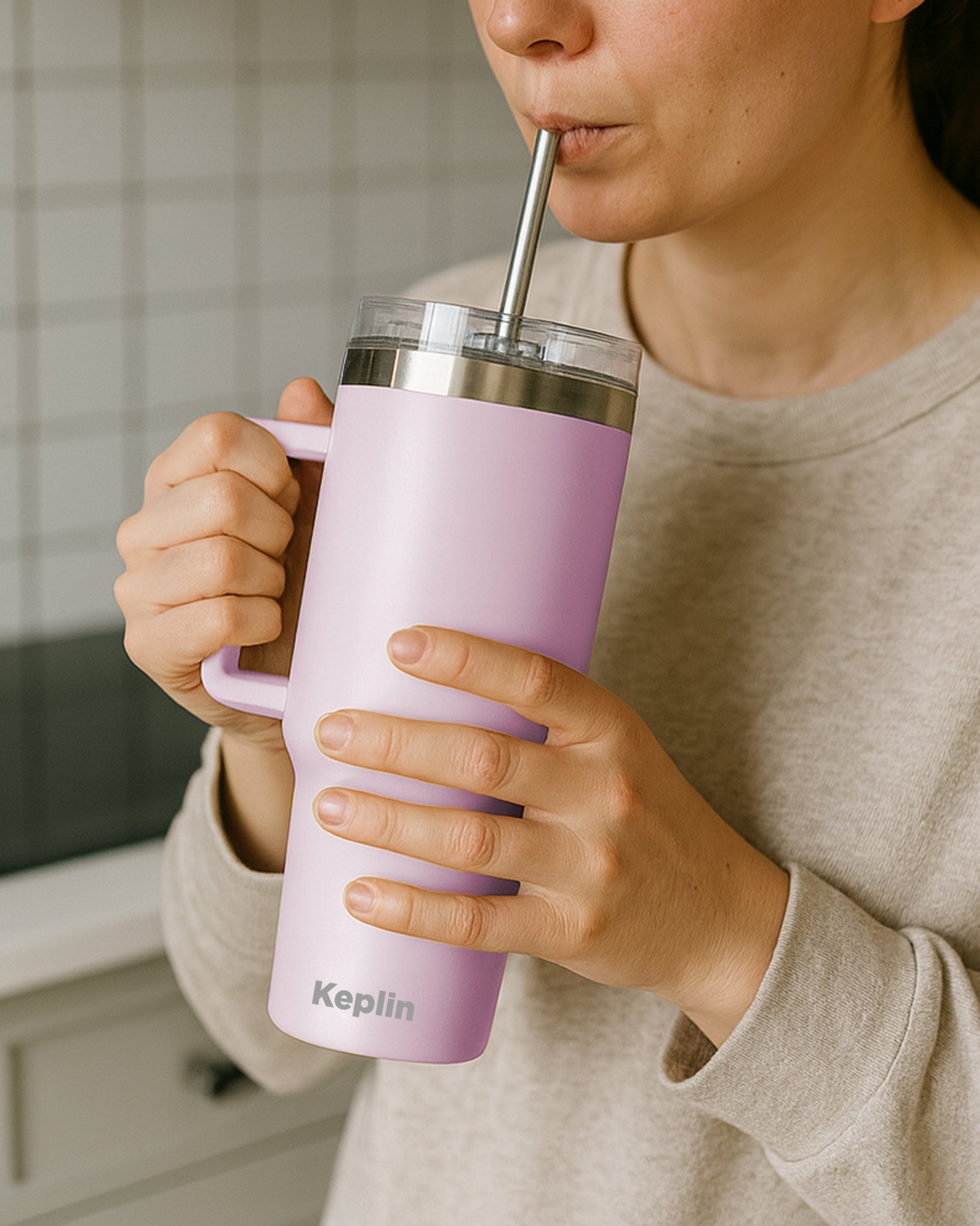 Keplin Tumbler 40 oz with Handle, Stainless Steel Vacuum Insulated Water Bottle with Straw and Lid, Cold for 29 Hours, Travel Mug, Thermal Flask, BPA Free
