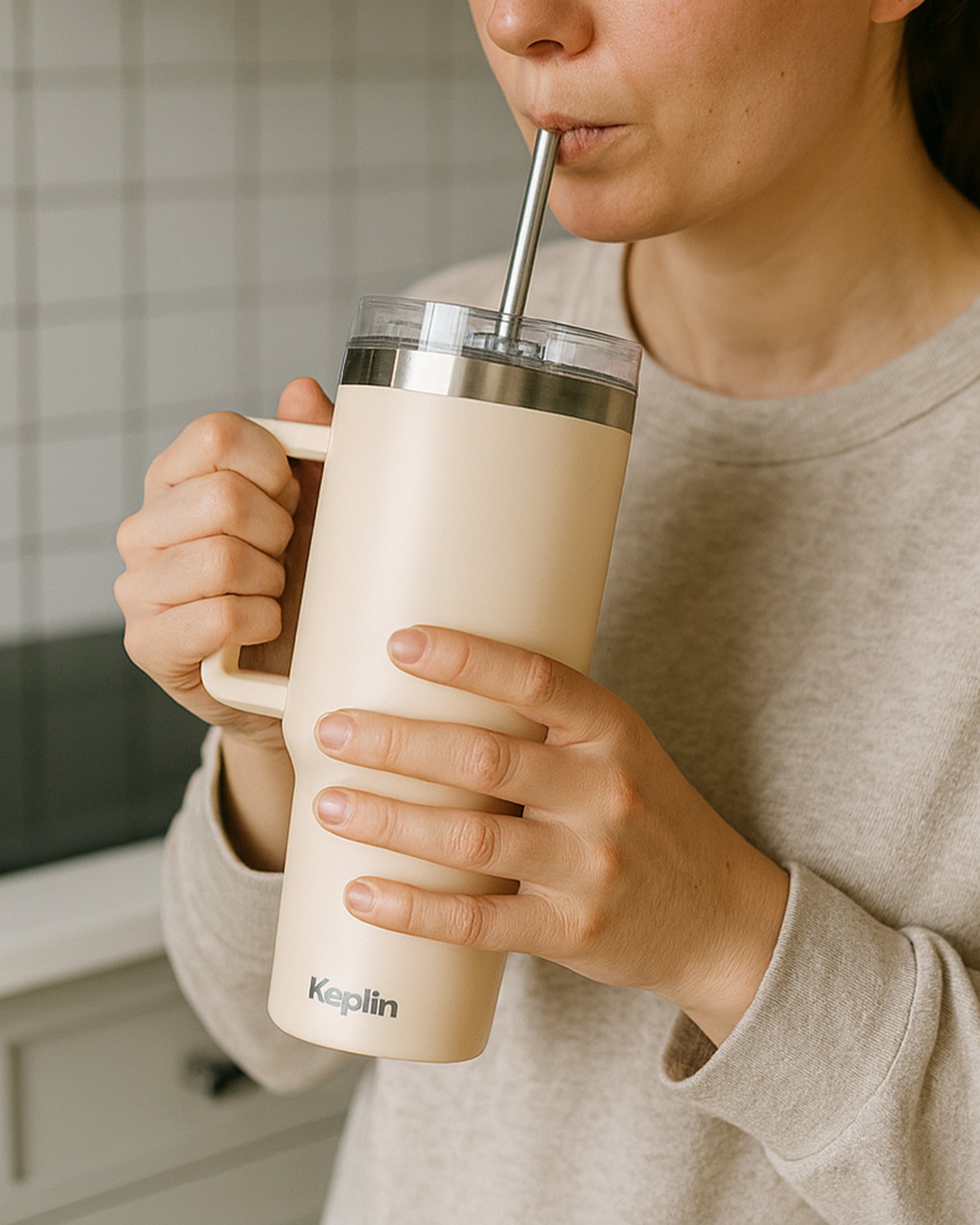 Keplin Tumbler 40 oz with Handle, Stainless Steel Vacuum Insulated Water Bottle with Straw and Lid, Cold for 29 Hours, Travel Mug, Thermal Flask, BPA Free