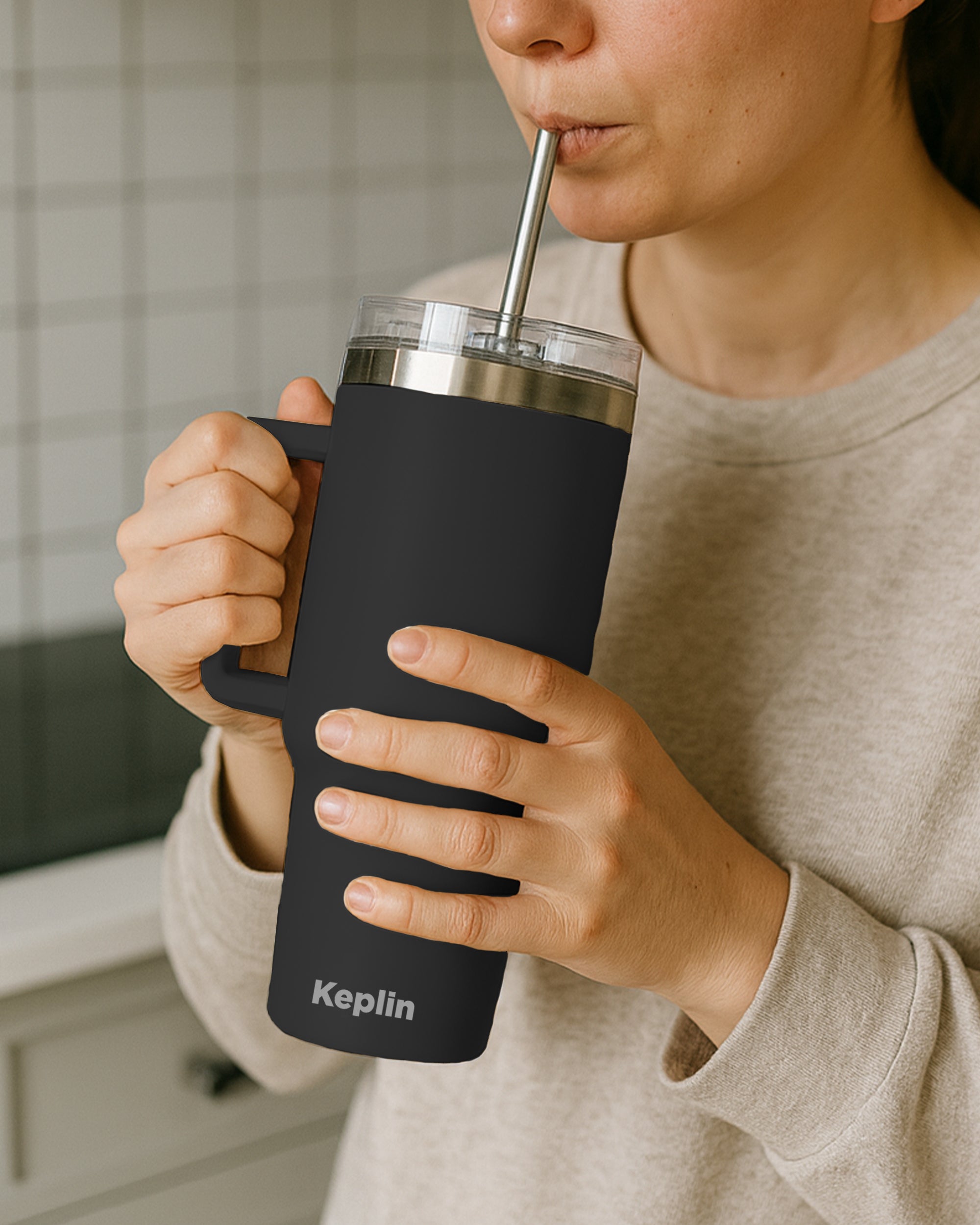 Keplin Tumbler 40 oz with Handle, Stainless Steel Vacuum Insulated Water Bottle with Straw and Lid, Cold for 29 Hours, Travel Mug, Thermal Flask, BPA Free