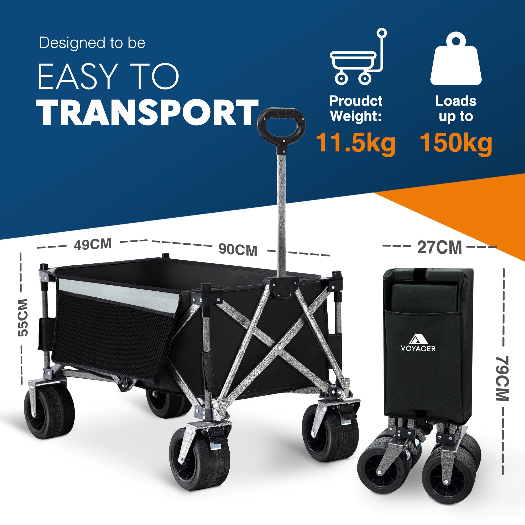 Voyager Collapsible Camping Wagon – Heavy Duty Utility Wagon with 360° Wheels, Adjustable Handle & 150kg Capacity