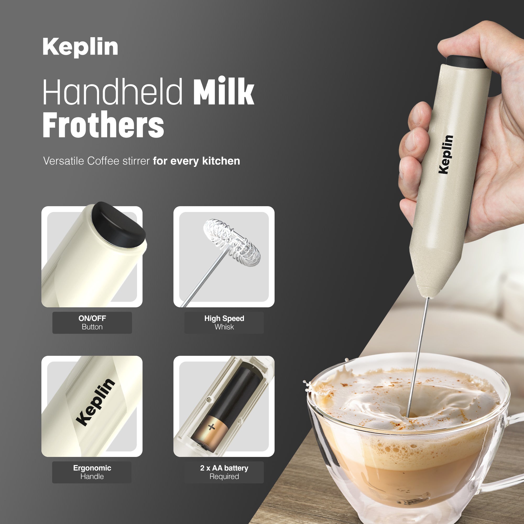 Keplin Milk Frother Handheld, Electric Milk Foam Maker with Stainless Steel Whisk, Hand Drink Mixer for Coffee, Battery Operated, Electric Stirrer Coffee Mixer Wand