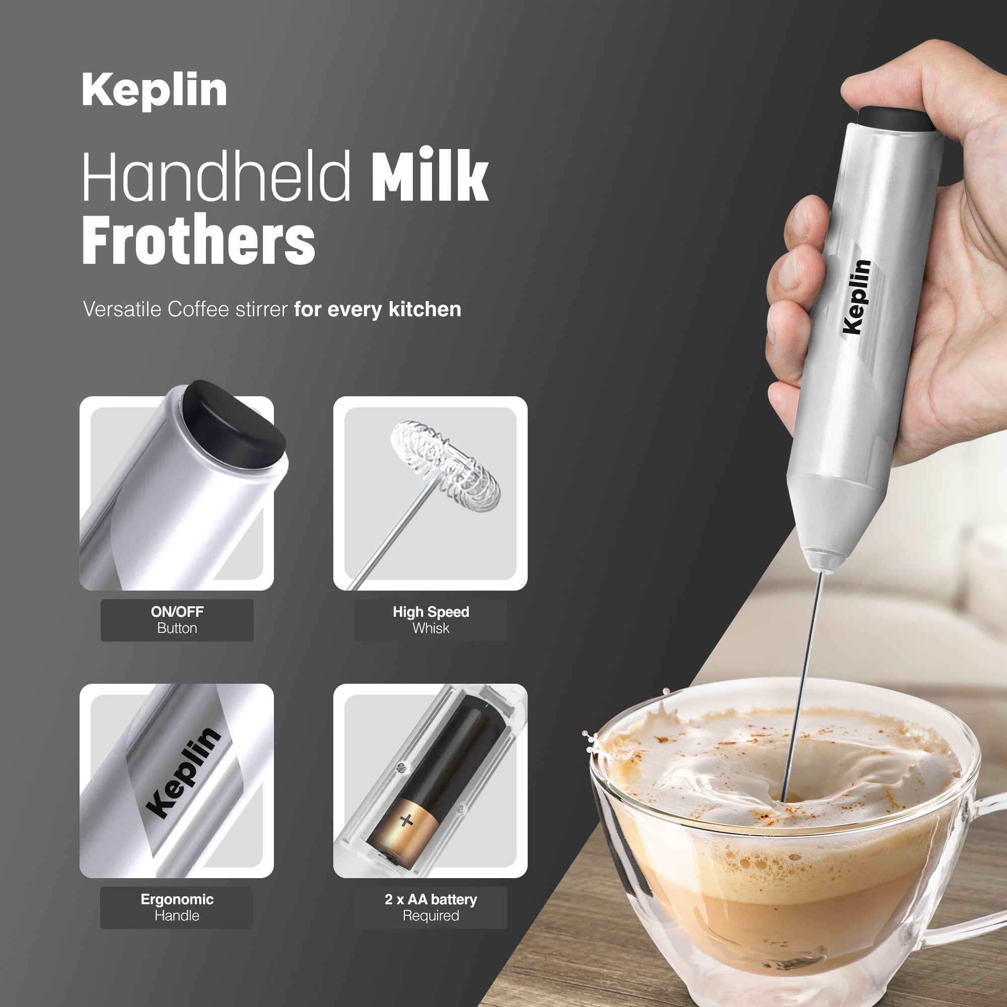 Keplin Milk Frother Handheld, Electric Milk Foam Maker with Stainless Steel Whisk, Hand Drink Mixer for Coffee, Battery Operated, Electric Stirrer Coffee Mixer Wand