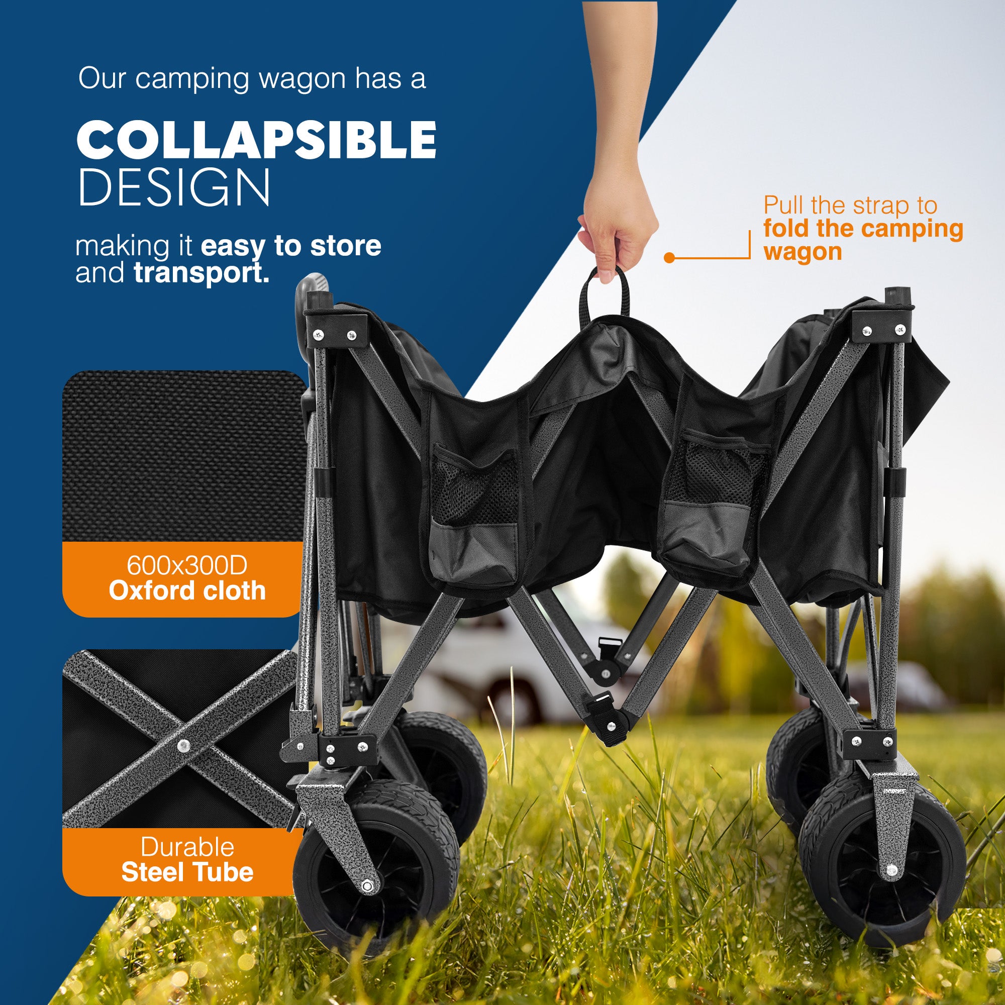 Voyager Collapsible Camping Wagon – Heavy Duty Utility Wagon with 360° Wheels, Adjustable Handle & 150kg Capacity