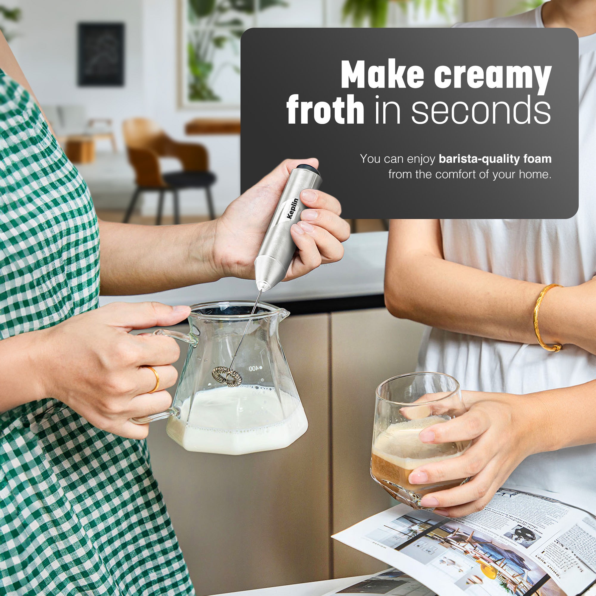 Keplin Milk Frother Handheld, Electric Milk Foam Maker with Stainless Steel Whisk, Hand Drink Mixer for Coffee, Battery Operated, Electric Stirrer Coffee Mixer Wand