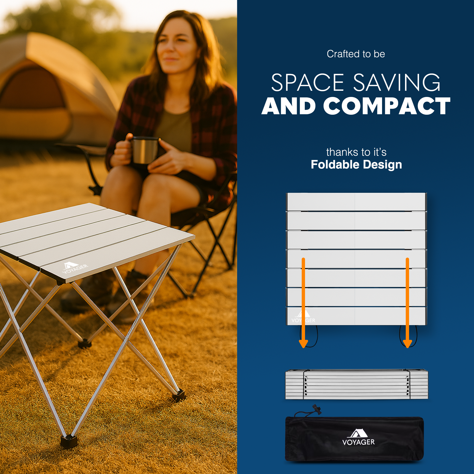 Voyager Camping Table – Foldable Outdoor Table with Adjustable Height, Extra Storage, Quick Setup, Lightweight & Durable – Compact Table for Camping, Picnic & Travel