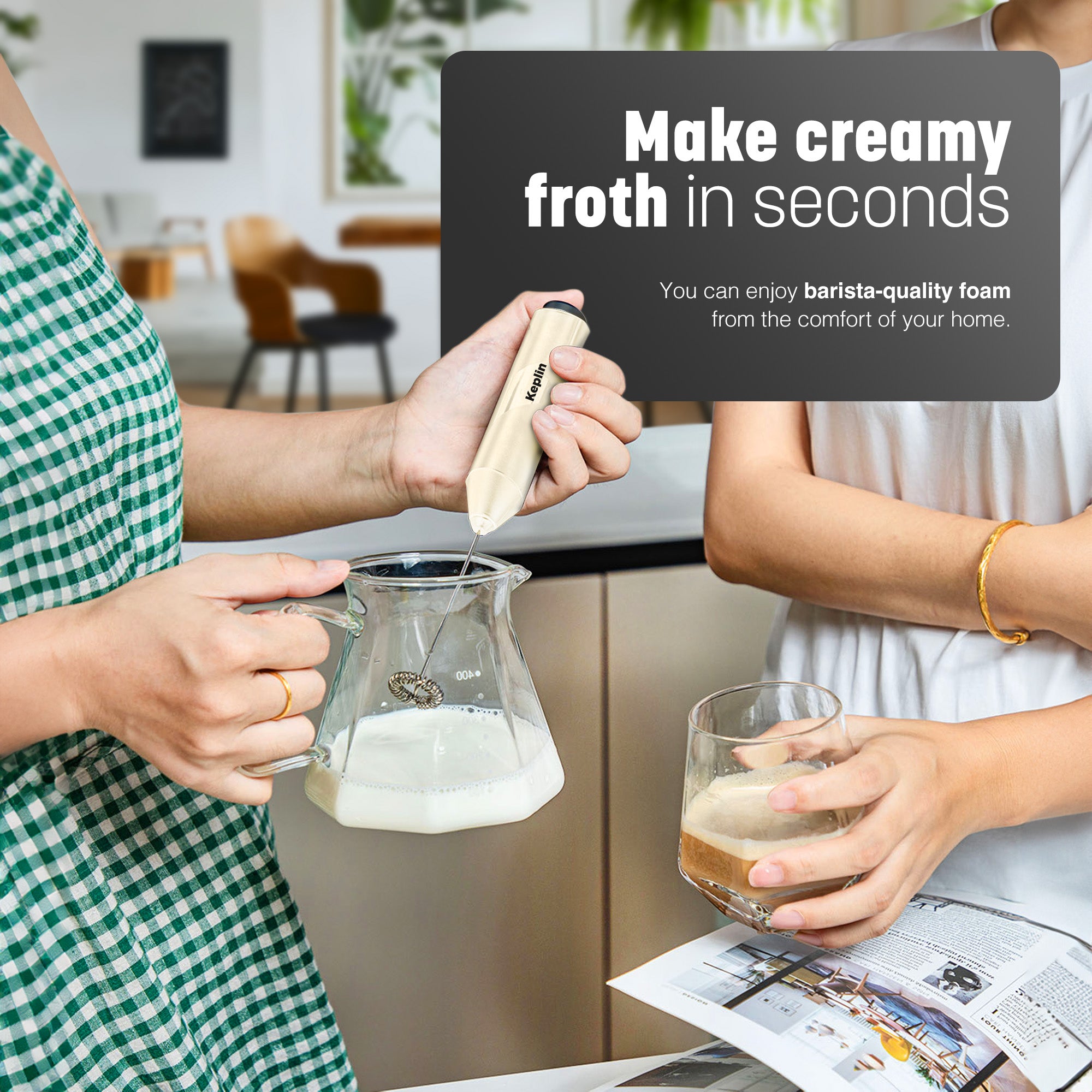 Keplin Milk Frother Handheld, Electric Milk Foam Maker with Stainless Steel Whisk, Hand Drink Mixer for Coffee, Battery Operated, Electric Stirrer Coffee Mixer Wand