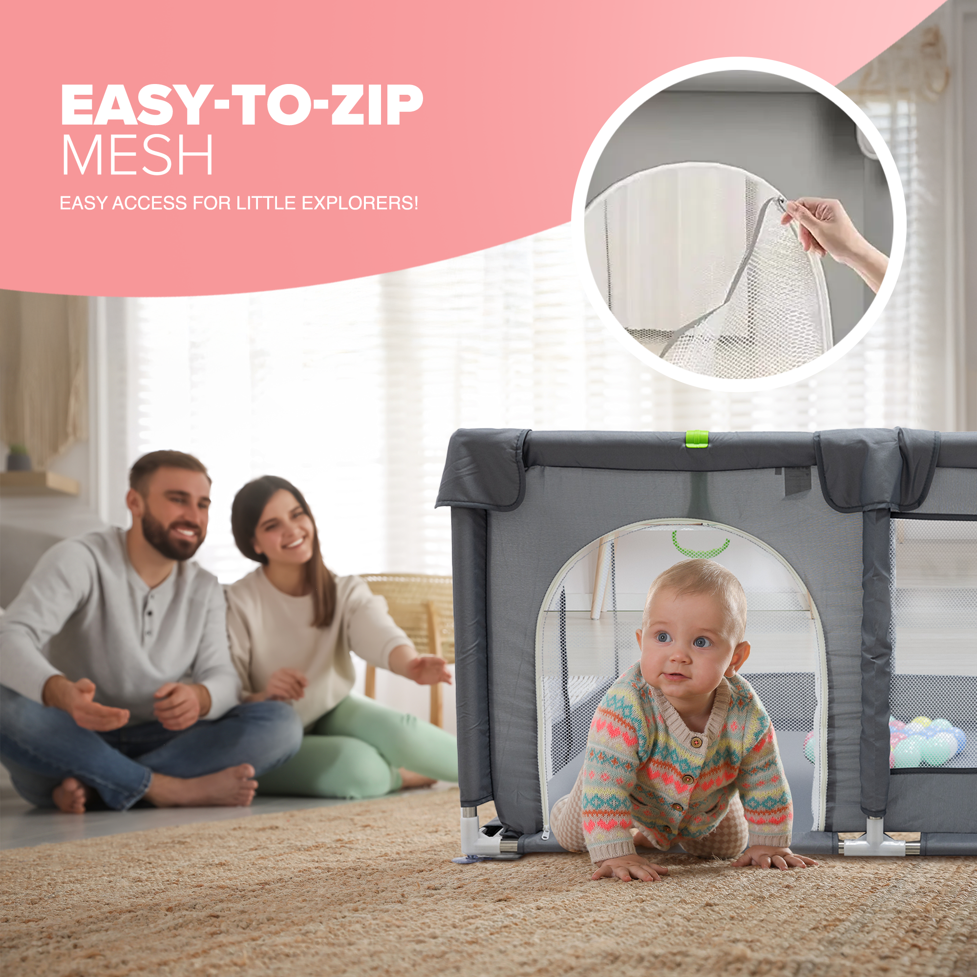 KIDOOLA Large Baby Playpen with Padded Frame & Mesh Walls – Includes Balls & Pull Rings for Indoor & Outdoor Fun (127 x 127 x 65 cm)