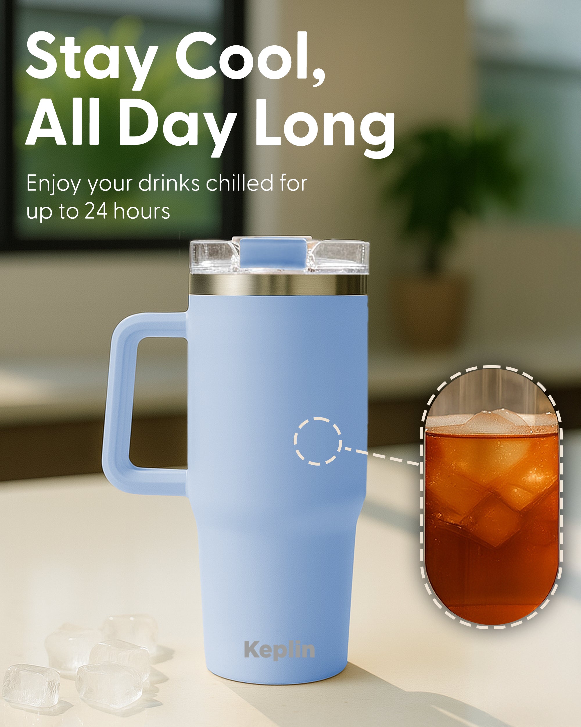 Keplin Tumbler 40 oz with Handle, Stainless Steel Vacuum Insulated Water Bottle with Straw and Lid, Cold for 29 Hours, Travel Mug, Thermal Flask, BPA Free