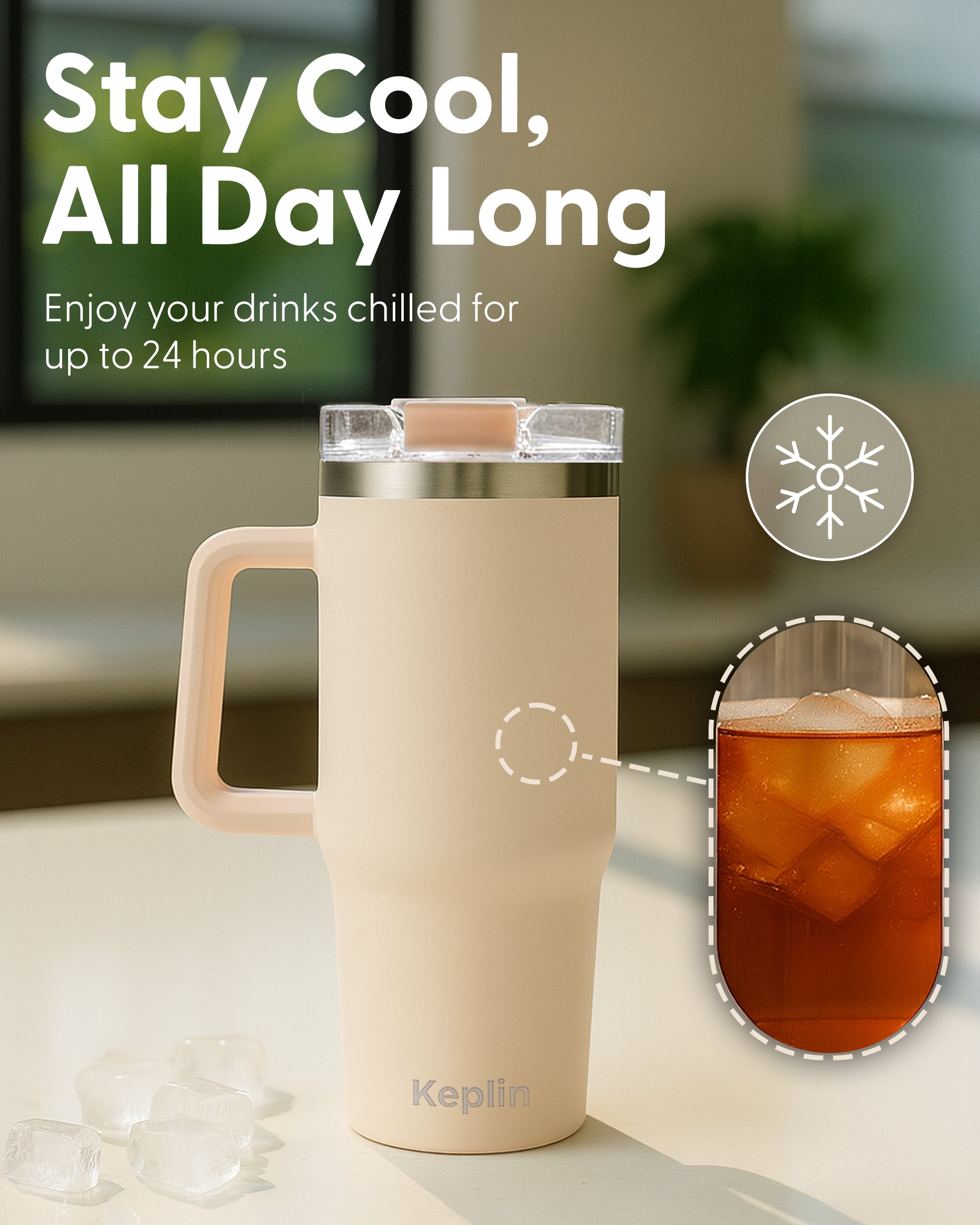 Keplin Tumbler 40 oz with Handle, Stainless Steel Vacuum Insulated Water Bottle with Straw and Lid, Cold for 29 Hours, Travel Mug, Thermal Flask, BPA Free