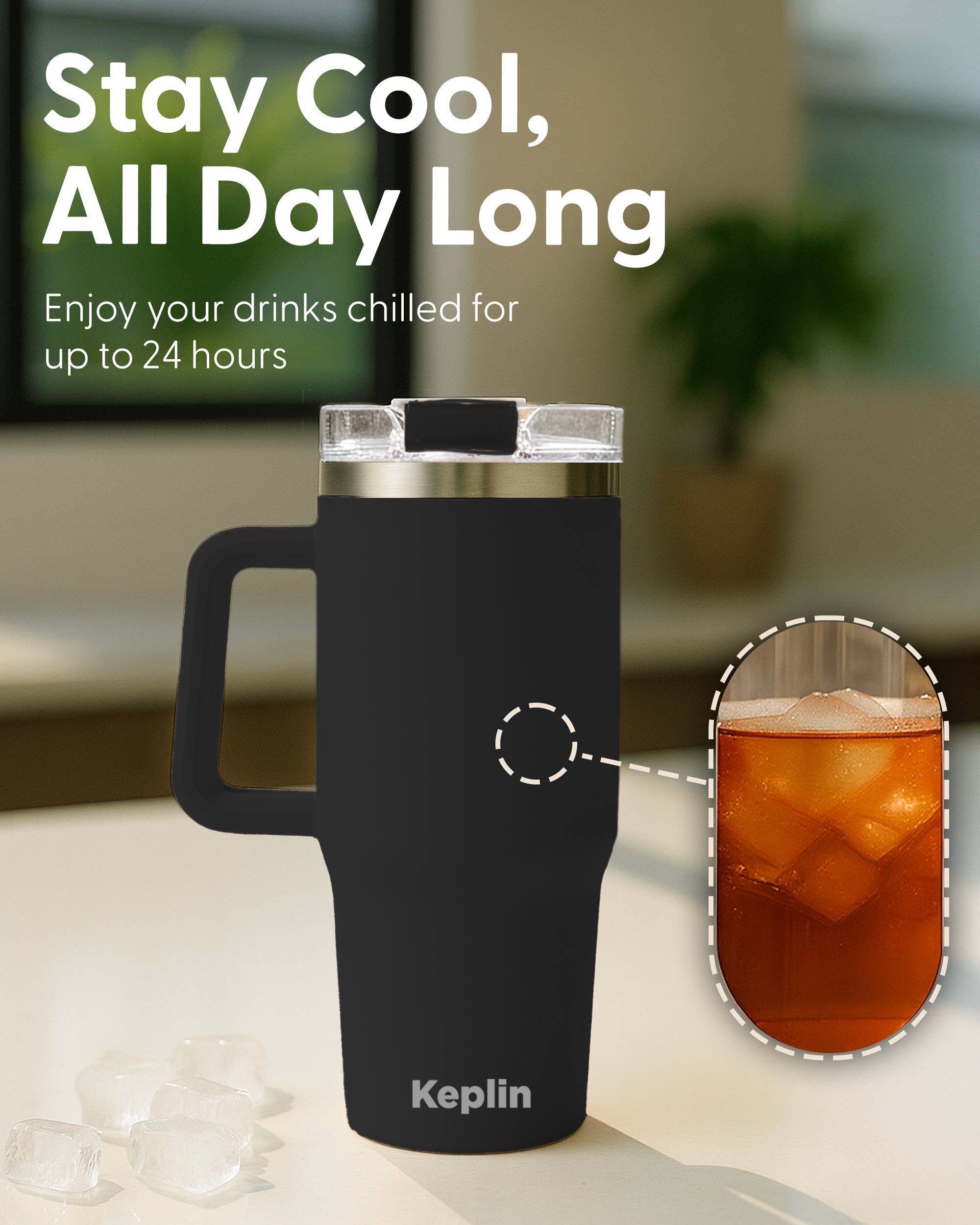 Keplin Tumbler 40 oz with Handle, Stainless Steel Vacuum Insulated Water Bottle with Straw and Lid, Cold for 29 Hours, Travel Mug, Thermal Flask, BPA Free