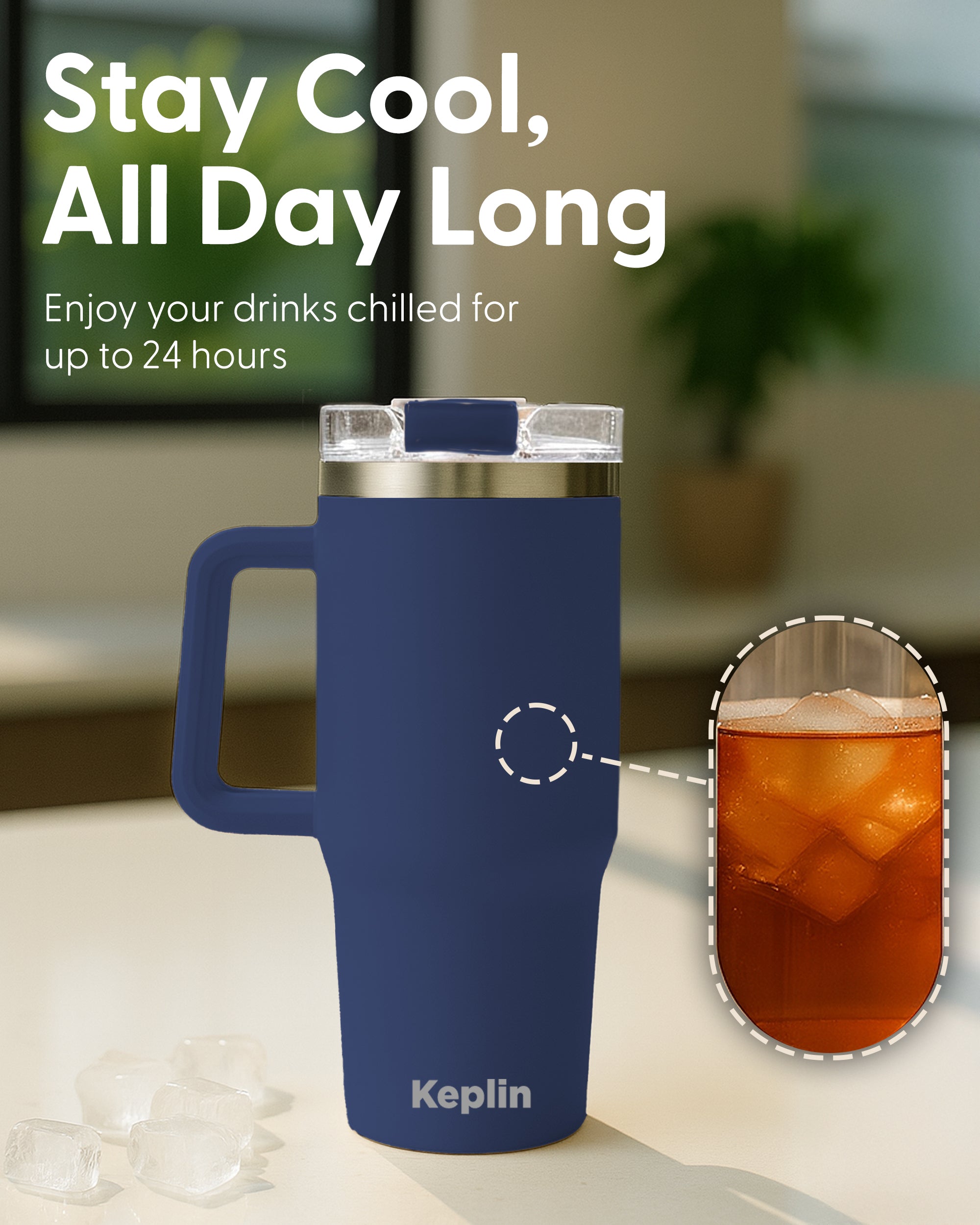 Keplin Tumbler 40 oz with Handle, Stainless Steel Vacuum Insulated Water Bottle with Straw and Lid, Cold for 29 Hours, Travel Mug, Thermal Flask, BPA Free