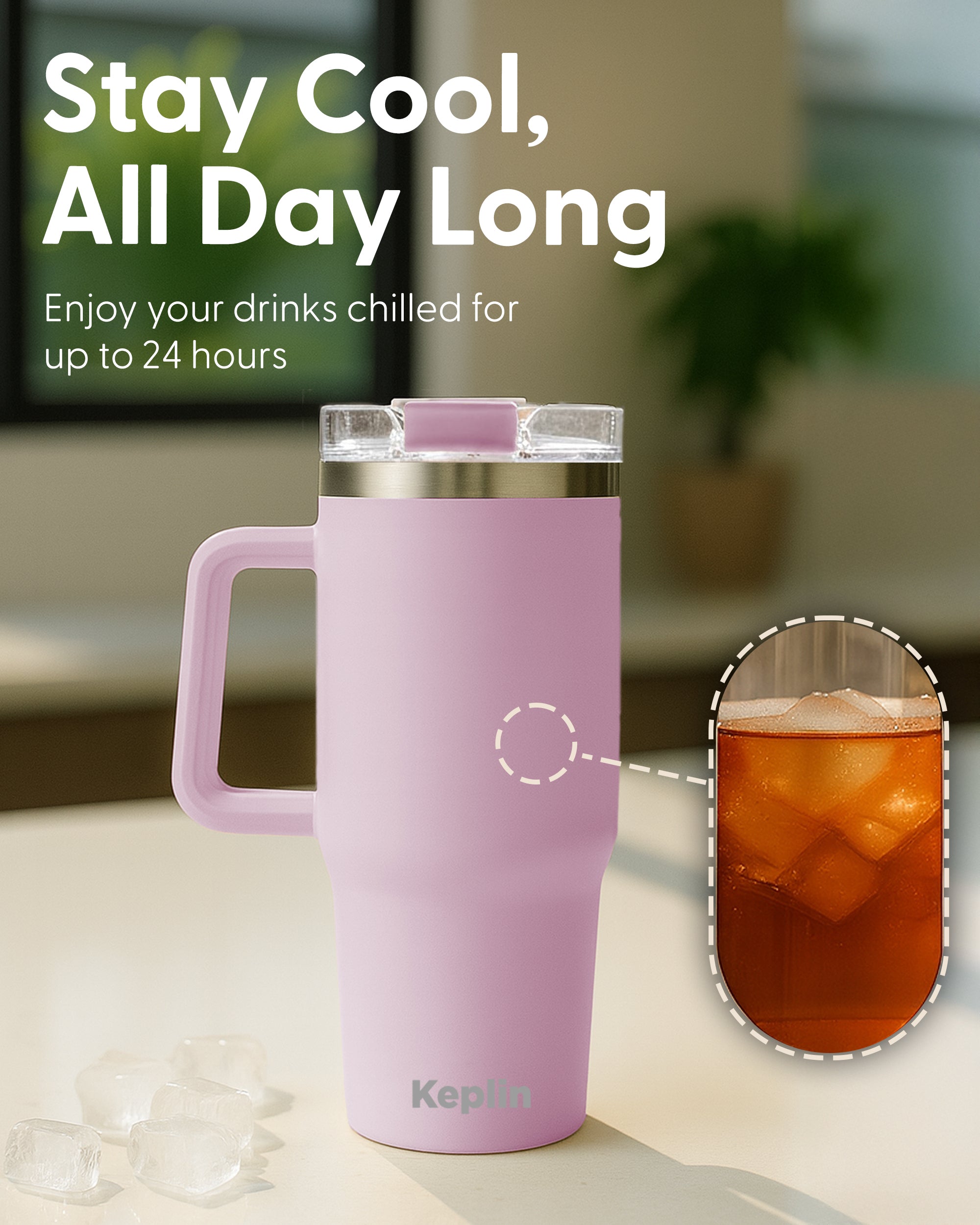 Keplin Tumbler 40 oz with Handle, Stainless Steel Vacuum Insulated Water Bottle with Straw and Lid, Cold for 29 Hours, Travel Mug, Thermal Flask, BPA Free