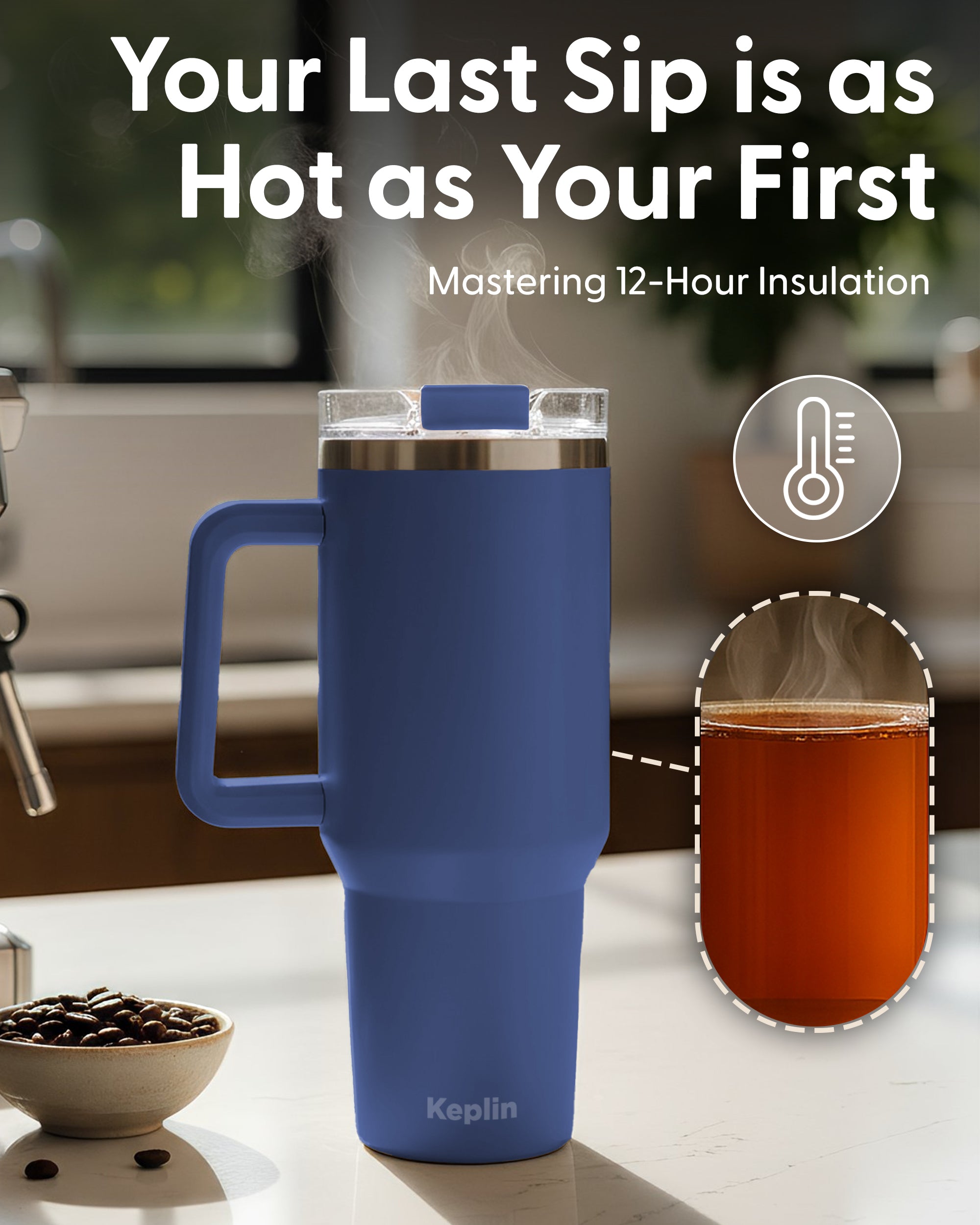 Keplin Tumbler 40 oz with Handle, Stainless Steel Vacuum Insulated Water Bottle with Straw and Lid, Cold for 29 Hours, Travel Mug, Thermal Flask, BPA Free