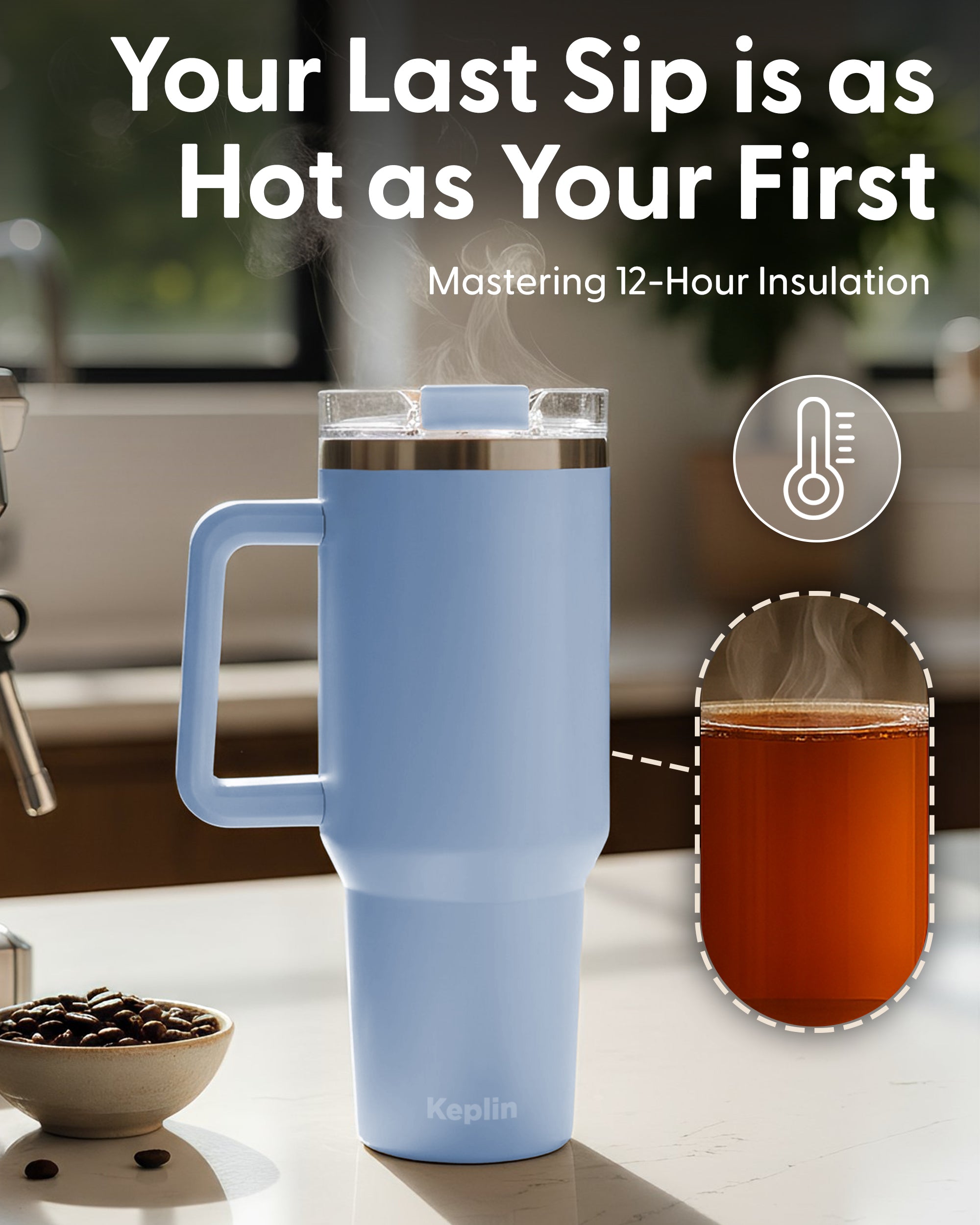 Keplin Tumbler 40 oz with Handle, Stainless Steel Vacuum Insulated Water Bottle with Straw and Lid, Cold for 29 Hours, Travel Mug, Thermal Flask, BPA Free