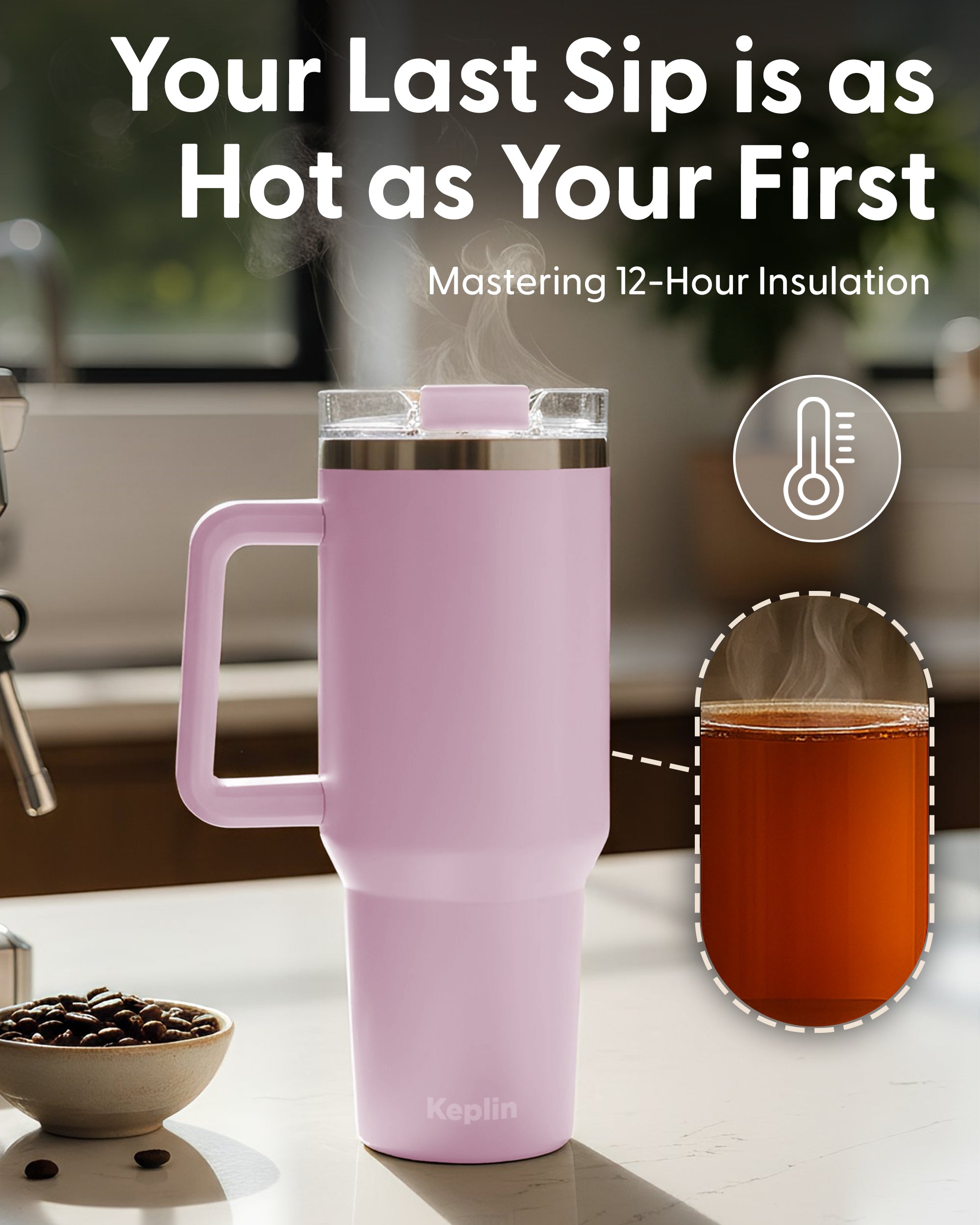 Keplin Tumbler 40 oz with Handle, Stainless Steel Vacuum Insulated Water Bottle with Straw and Lid, Cold for 29 Hours, Travel Mug, Thermal Flask, BPA Free