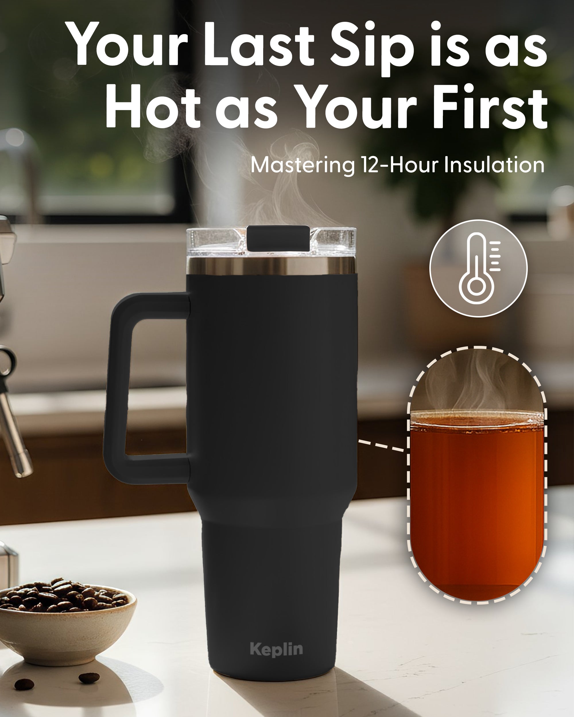 Keplin Tumbler 40 oz with Handle, Stainless Steel Vacuum Insulated Water Bottle with Straw and Lid, Cold for 29 Hours, Travel Mug, Thermal Flask, BPA Free
