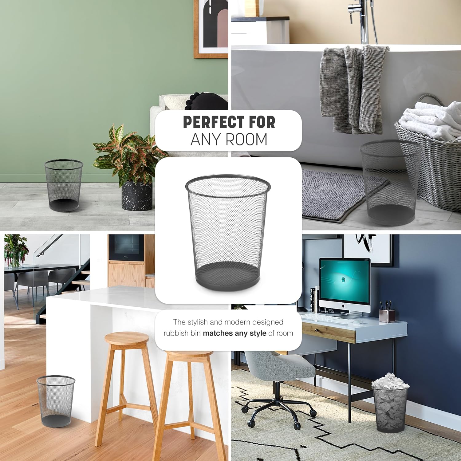 KEPLIN Round Trash Can - Black Non-slip Mesh Bin, Stylish & Sturdy Metal Waste Paper Bin for Home, Bedroom, Office, Bathroom, Living Room & Kitchen - Indoor Garbage Bin with Sleek Design