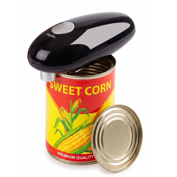 Keplin electric can opener on a tin of sweet corn with lid removed showing smooth edge