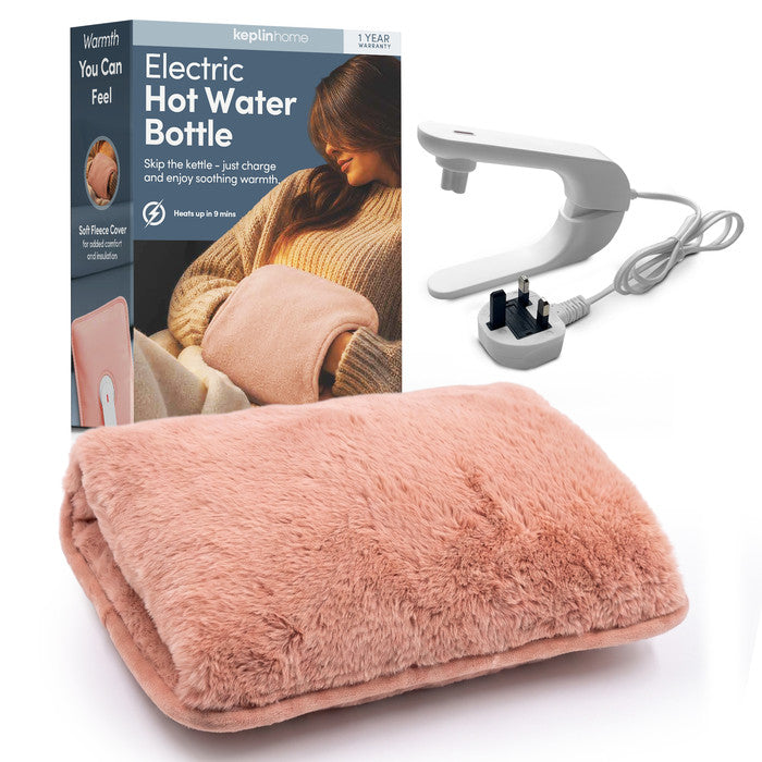 Blush electric hot water bottle with fleece cover, UK mains lead and Keplin box