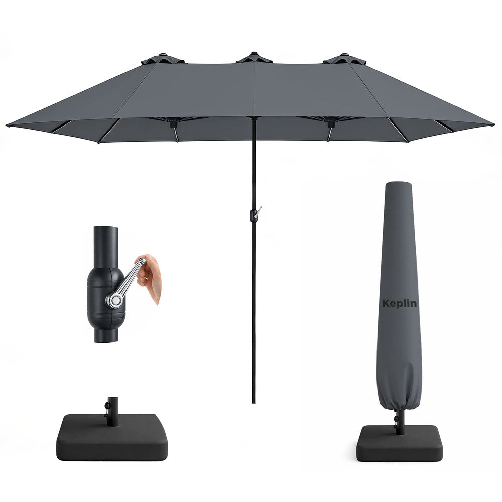 Grey double garden parasol 4.5x2.7m with base, crank handle and protective cover – full set
