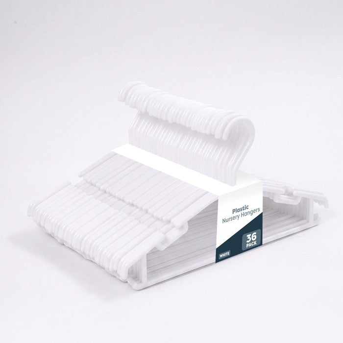 36 pack white plastic nursery hangers with non-slip notched design for babies