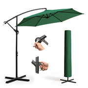 3m green cantilever garden parasol with cross base, crank handle, tilt mechanism and green protective storage cover – full set