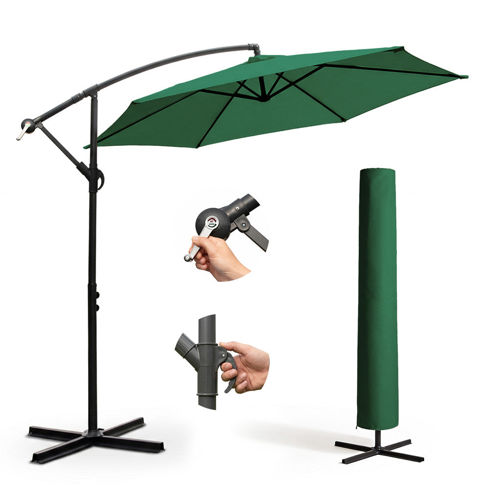 3m green cantilever garden parasol with cross base, crank handle, tilt mechanism and green protective storage cover – full set