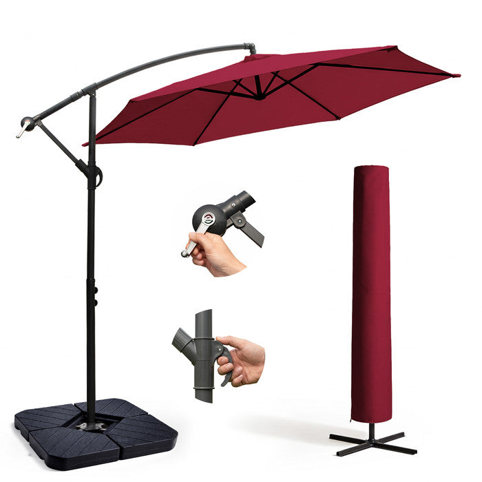 3m burgundy cantilever garden parasol with weighted base, crank handle, tilt mechanism and burgundy protective storage cover – full set
