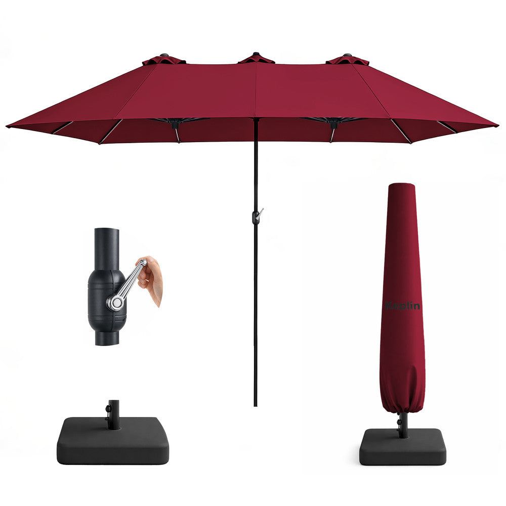 Red double garden parasol 4.5x2.7m with base, crank handle and protective cover – full set