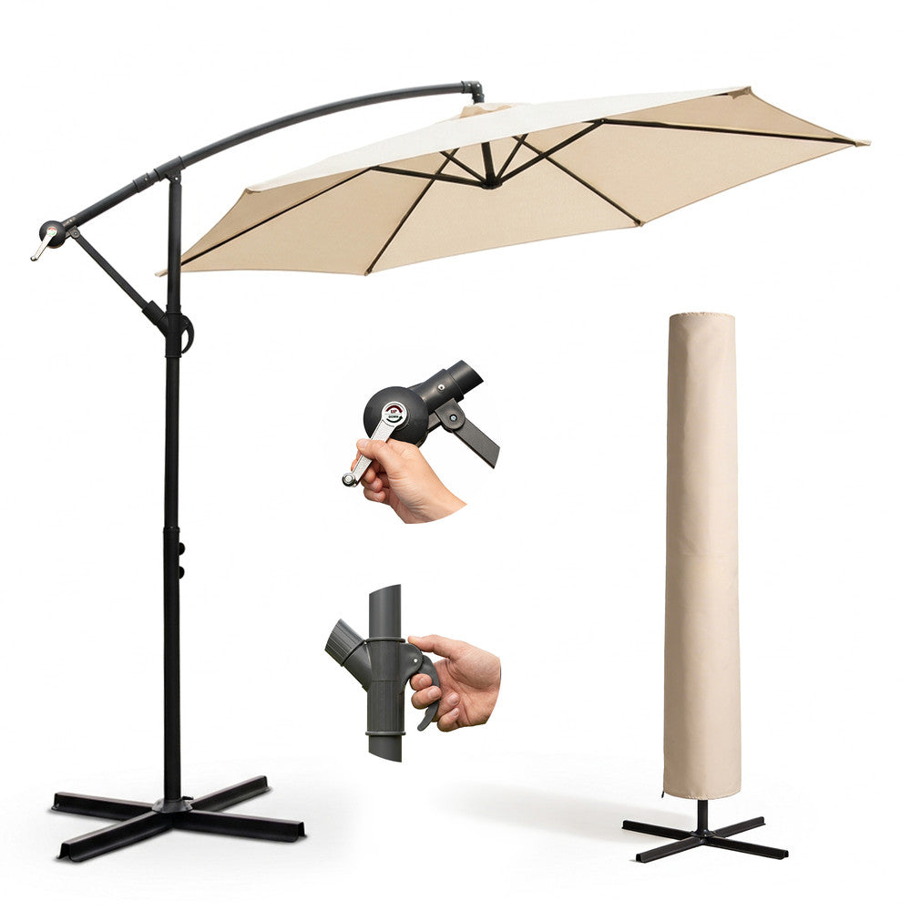 3m cream cantilever garden parasol with cross base, crank handle, tilt mechanism and cream protective storage cover – full set
