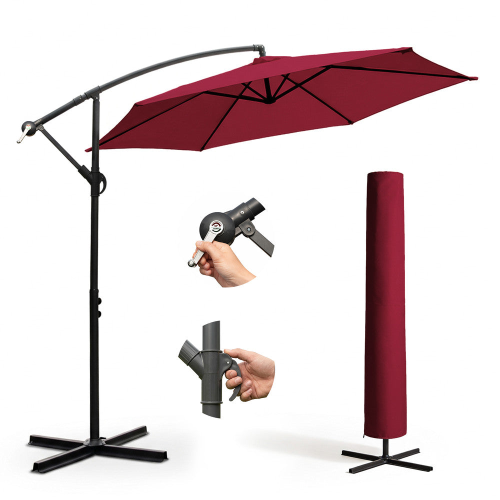 3m burgundy cantilever garden parasol with cross base, crank handle, tilt mechanism and burgundy protective storage cover – full set