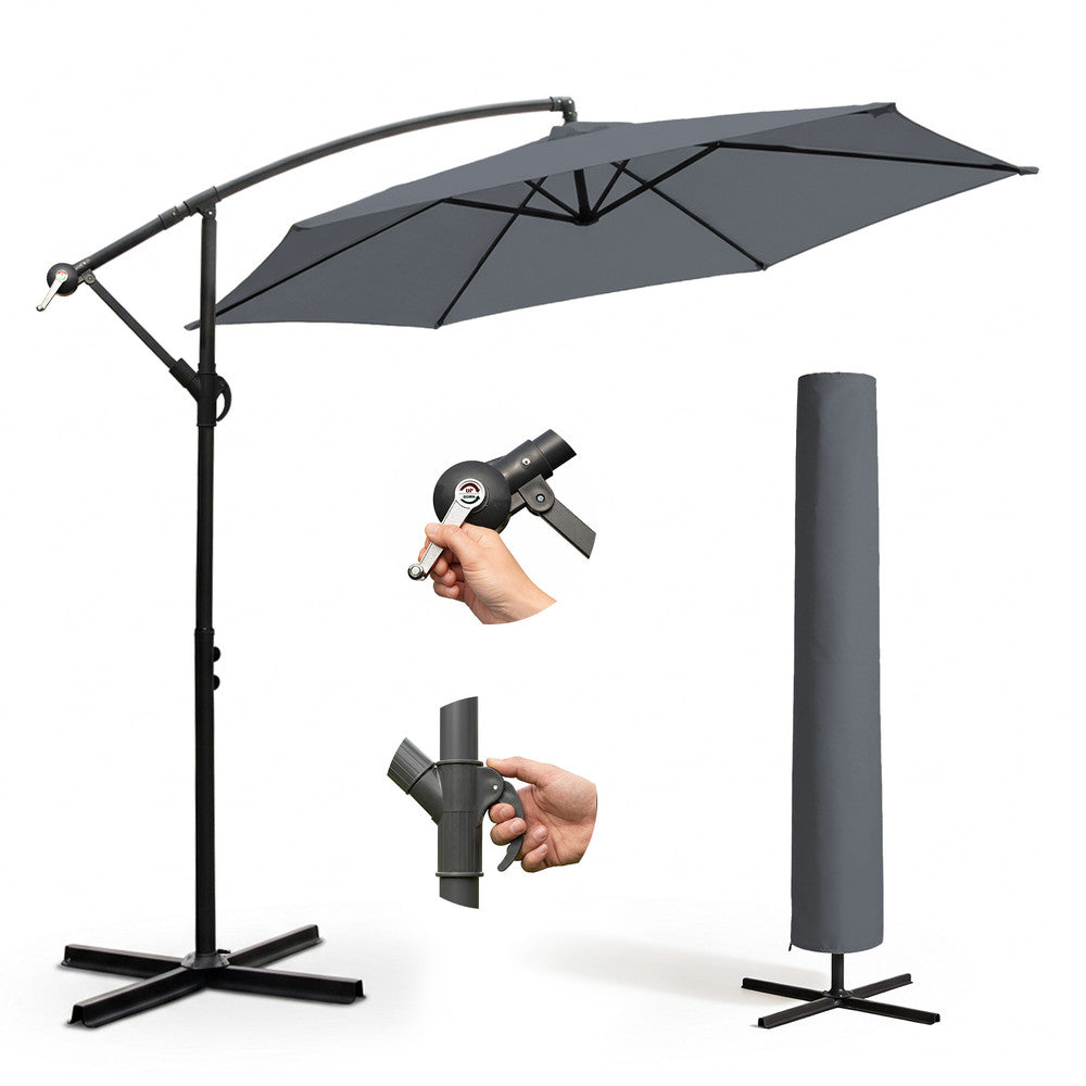 3m grey cantilever garden parasol with cross base, crank handle, tilt mechanism and grey protective storage cover – full set