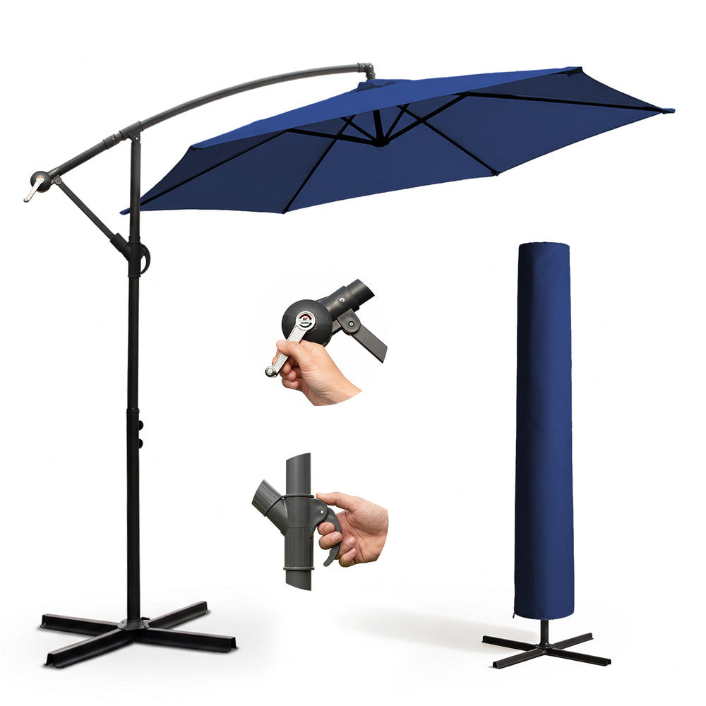 3m navy blue cantilever garden parasol with cross base, crank handle, tilt mechanism and navy protective storage cover – full set