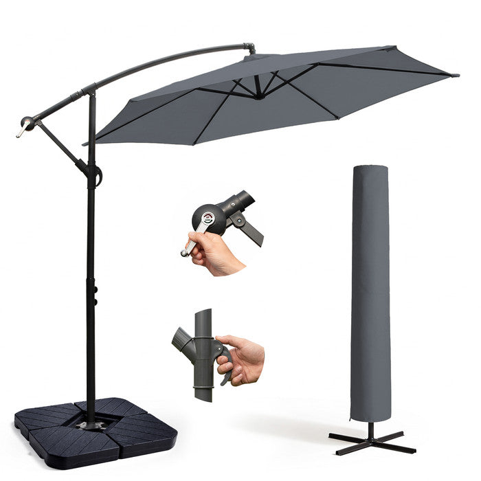 3m grey cantilever garden parasol with weighted base, crank handle, tilt mechanism and grey protective storage cover – full set