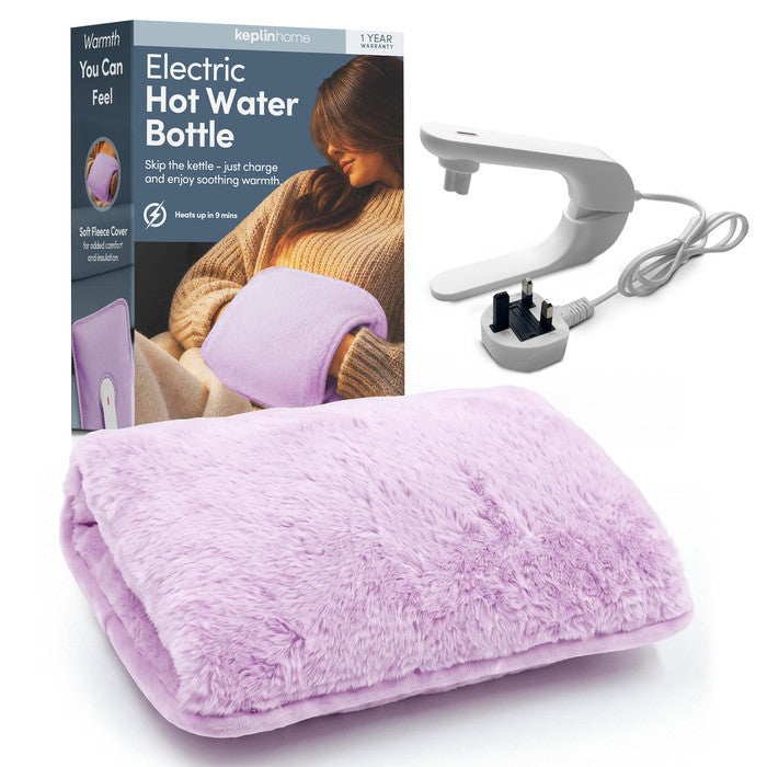 Lilac electric hot water bottle with fleece cover, UK mains lead and Keplin box