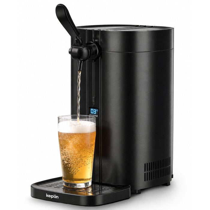 Keplin 5L beer keg dispenser in black pouring draft beer into a glass, with LED temperature display showing 3°C and removable drip tray