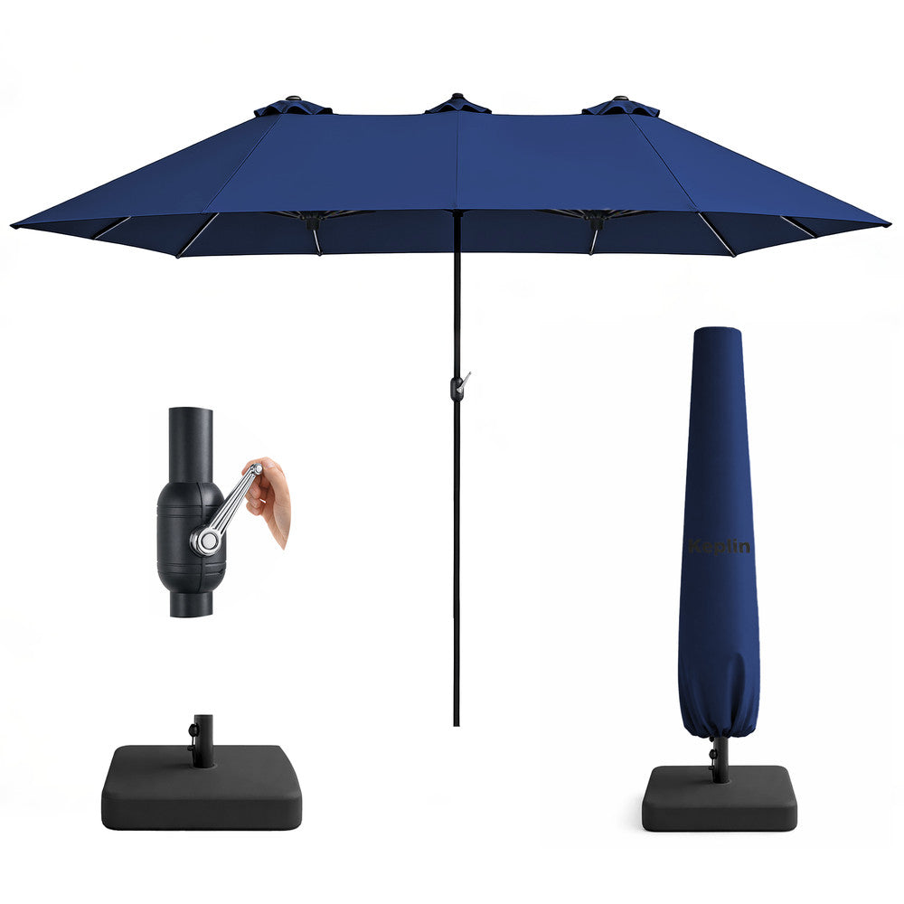 Blue double garden parasol 4.5x2.7m with base, crank handle and protective cover – full set