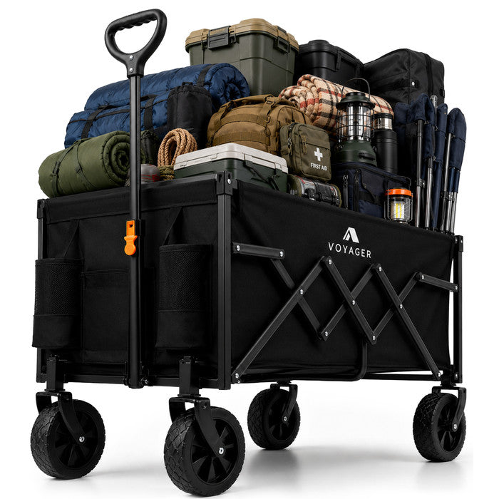 Voyager 120L foldable camping trolley loaded with bulky gear – 100kg capacity cart