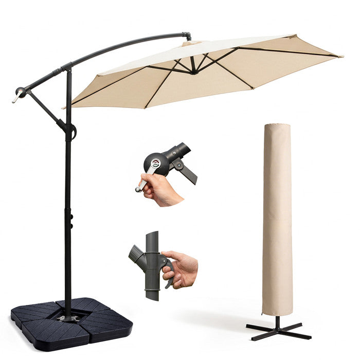 3m cream cantilever garden parasol with weighted base, crank handle, tilt mechanism and cream protective storage cover – full set